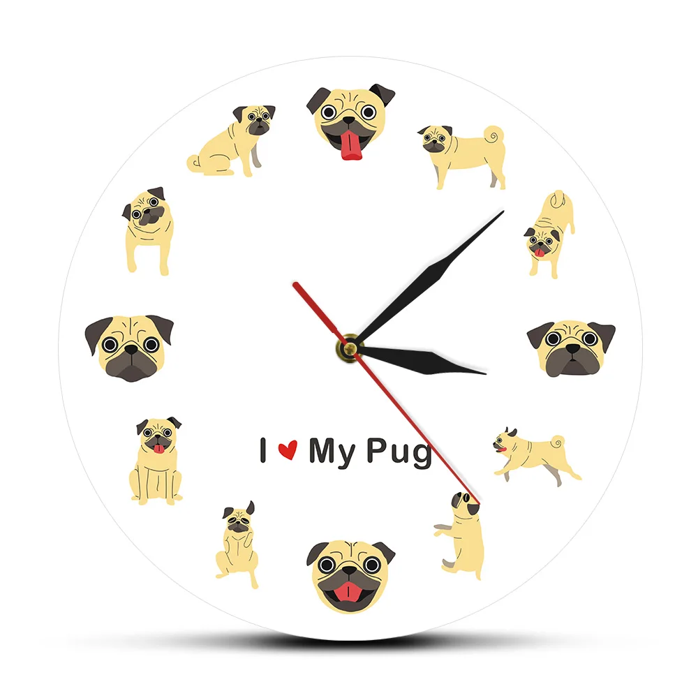 Pug Del Fumetto Della Parete Di Arte Moderna Orologio Da Parete Cucciolo Di Cane Pet Complementi Arredo Casa Negozio Di Animali Appeso Orologio Da Par