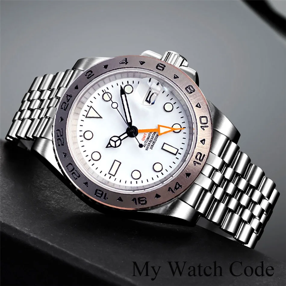 Esplora Dual Time Nh34 Orange Gmt Orologio Meccanico Per Uomo Fixed Steel Bezel White Business Clock Sapphire Date 904L Bracciale