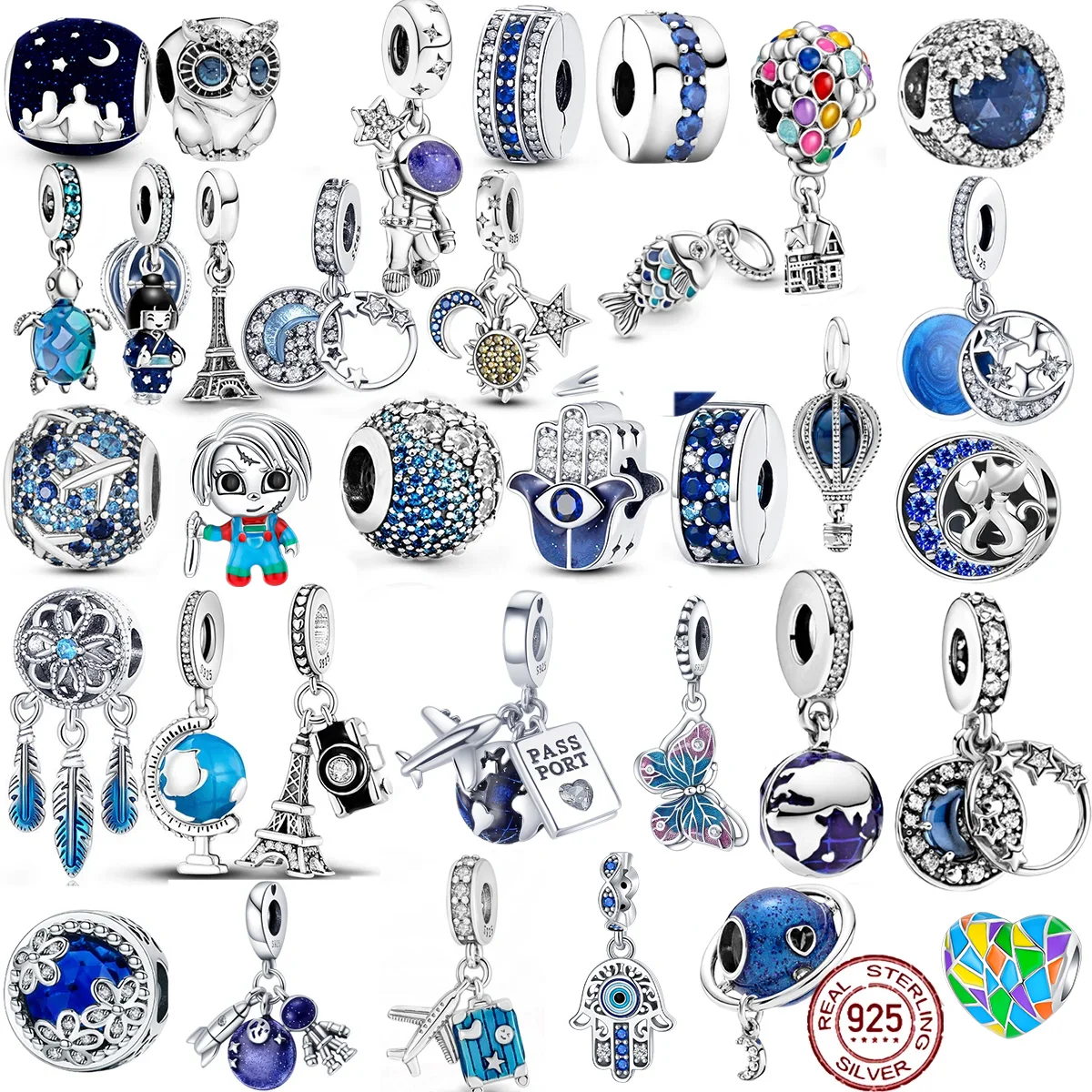925 Sterling Silver Blue Series Moon Plane Space Series Beads Charm Fit Bracciale Pandora Originale Bangle Per Regalo Di Gioielli Da Donna
