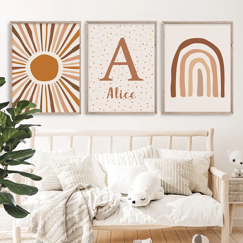 Abstract Sun Rainbow Custom Baby Name Nursery Wall Art Canvas Painting Print Picture Bambini Poster Kids Room Home Decoration