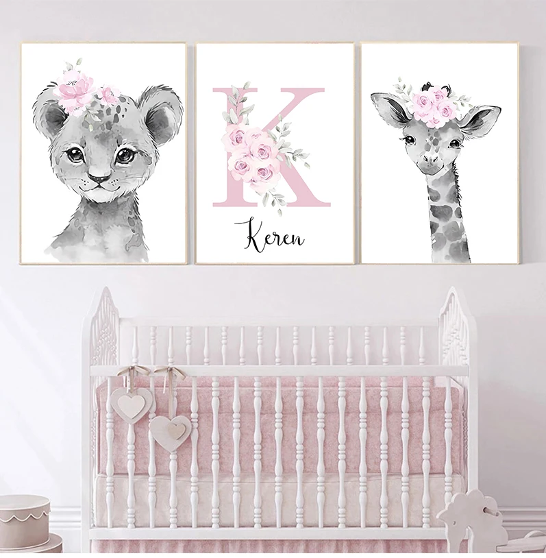 Personalizzato Baby Name Nursery Poster Personalizzato Canvas Painting Print Pink Flower Animals Wall Art For Girls Bedroom Pictures Decor