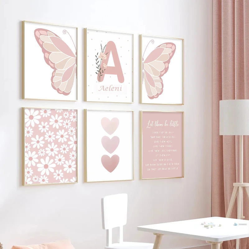 Girl Room Pink Butterfly Sun Rainbow Daisy Heart Nursery Wall Art Canvas Painting Poster Kawaii Picture Baby Kids Bedroom Decor