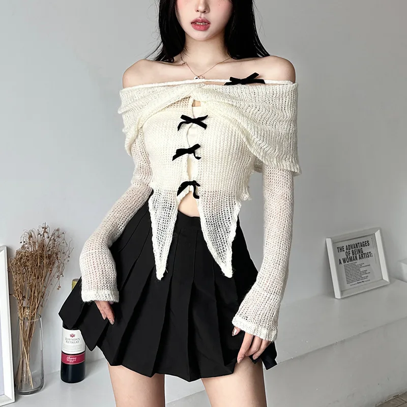 Albicocca Gentle Sweet Mature Mature Beautiful Sexy All-Match Casual Women Autunno One-Line Collar Maglia A Coda Di Rondine Top