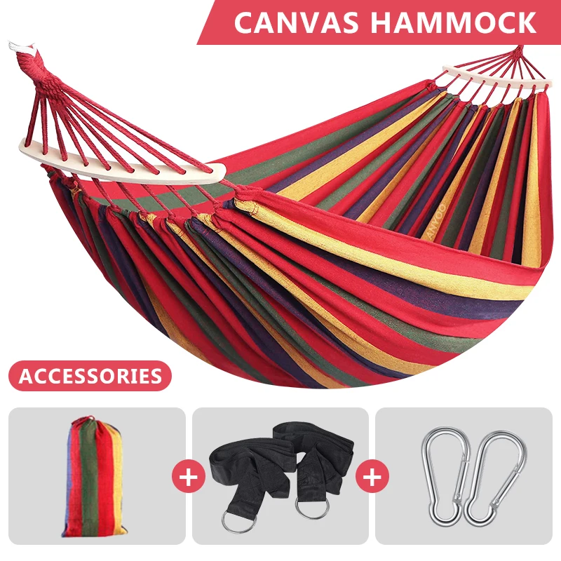 Blu Rosso 2 Persone Outdoor Canvas Camping Hammock Bend Wood Stick Steady Hamak Garden Park Swing Hanging Chair Hangmat 250*150Cm
