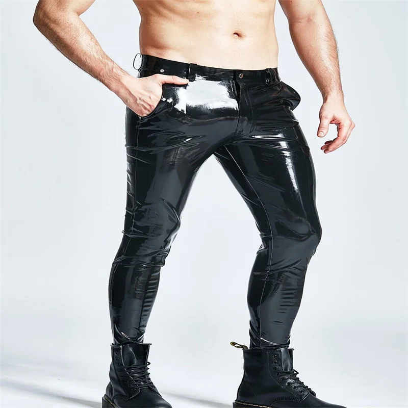 Latex Gummi Pants Jeans Con Tasche Maschio Basic Slim Cut Stretch