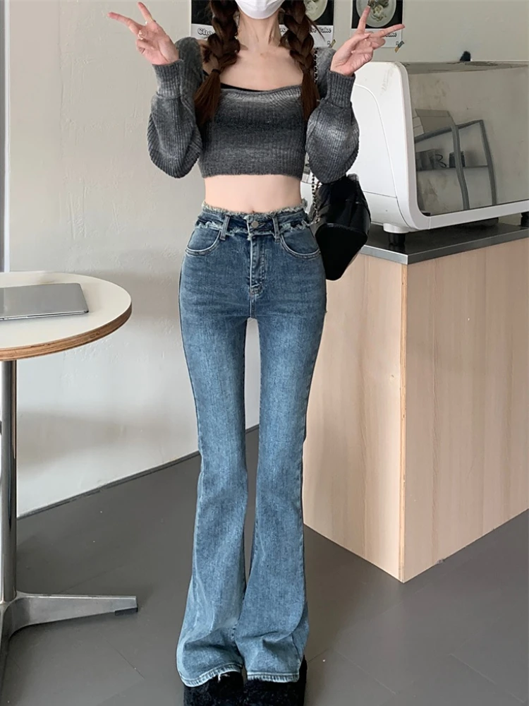Jeans Causali A Vita Alta Donna Stile Coreano Slim Vintage Flare Pants Ladies Outdoor Y2K Holiday Fashion Denim Pants 2023 Nuovo