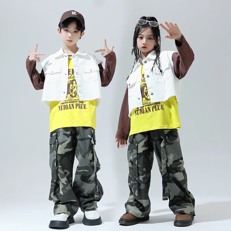 Hip Hop Girls White Vest Cropped Top Jeans Ragazzi Jazz Street Dance Camo Cargo Pants Bambini Vestiti Set Bambini Vacanze Costume