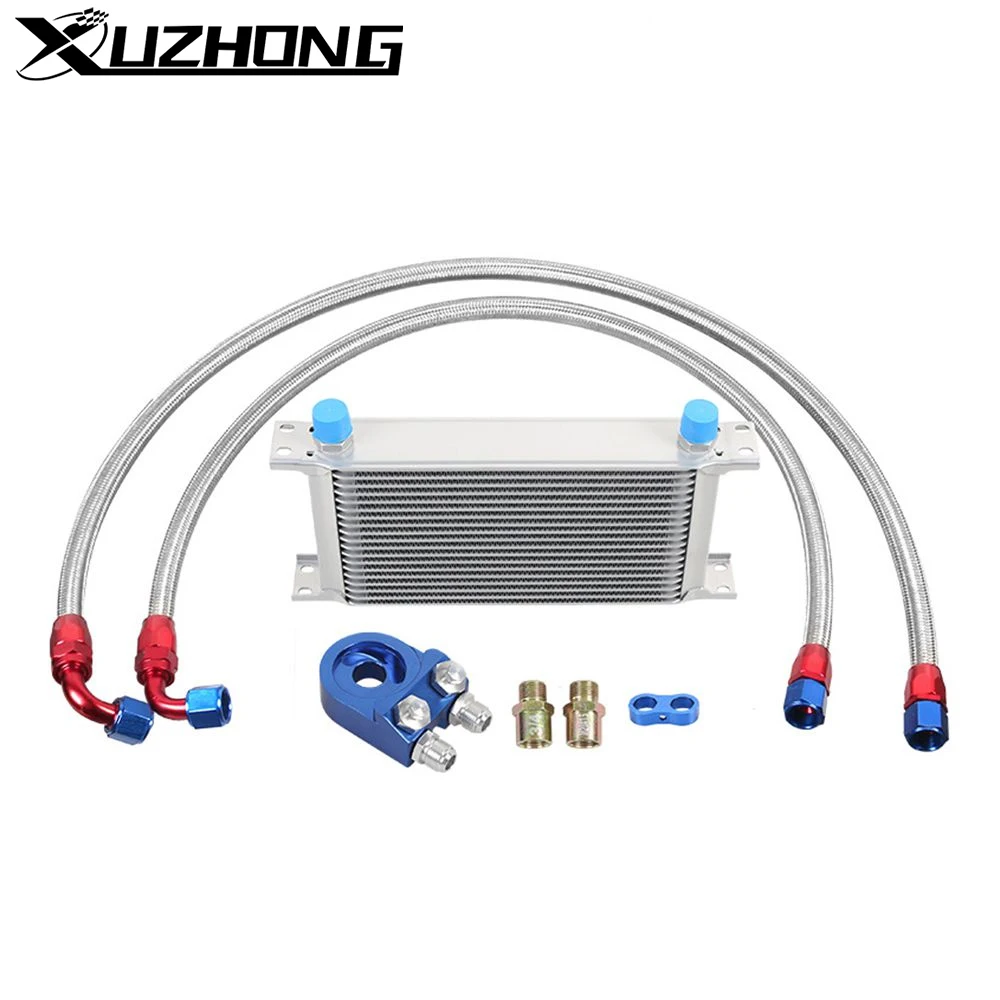 Universal 19 Rows Transmission Oil Cooler Kit + Oil Filter Sandwich Adapter + Nylon Stainless Steel Braided An10 Fuel Hose