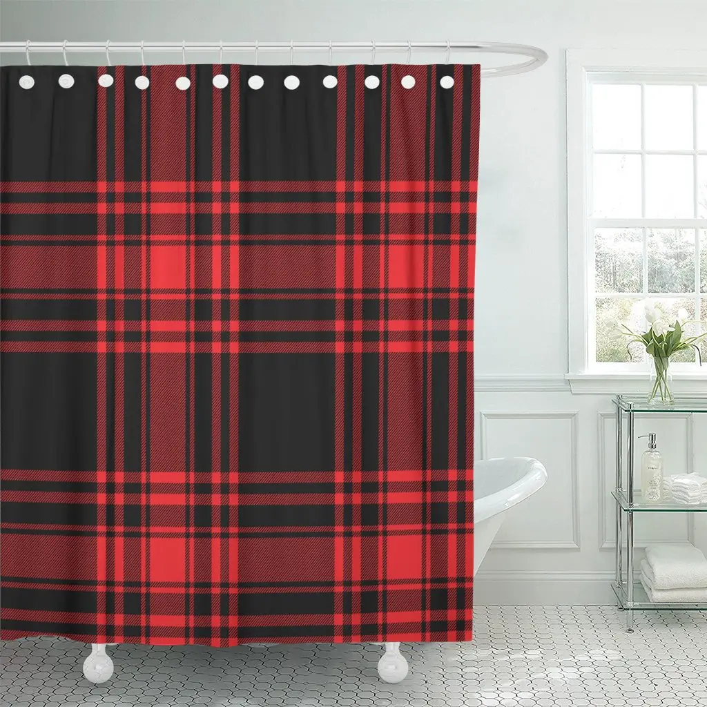 Abstract Menzies Tartan Black Red Kilt Skirt Cashere Celtic Shower Curtain Waterproof 72 X 78 Inches Set With Hooks