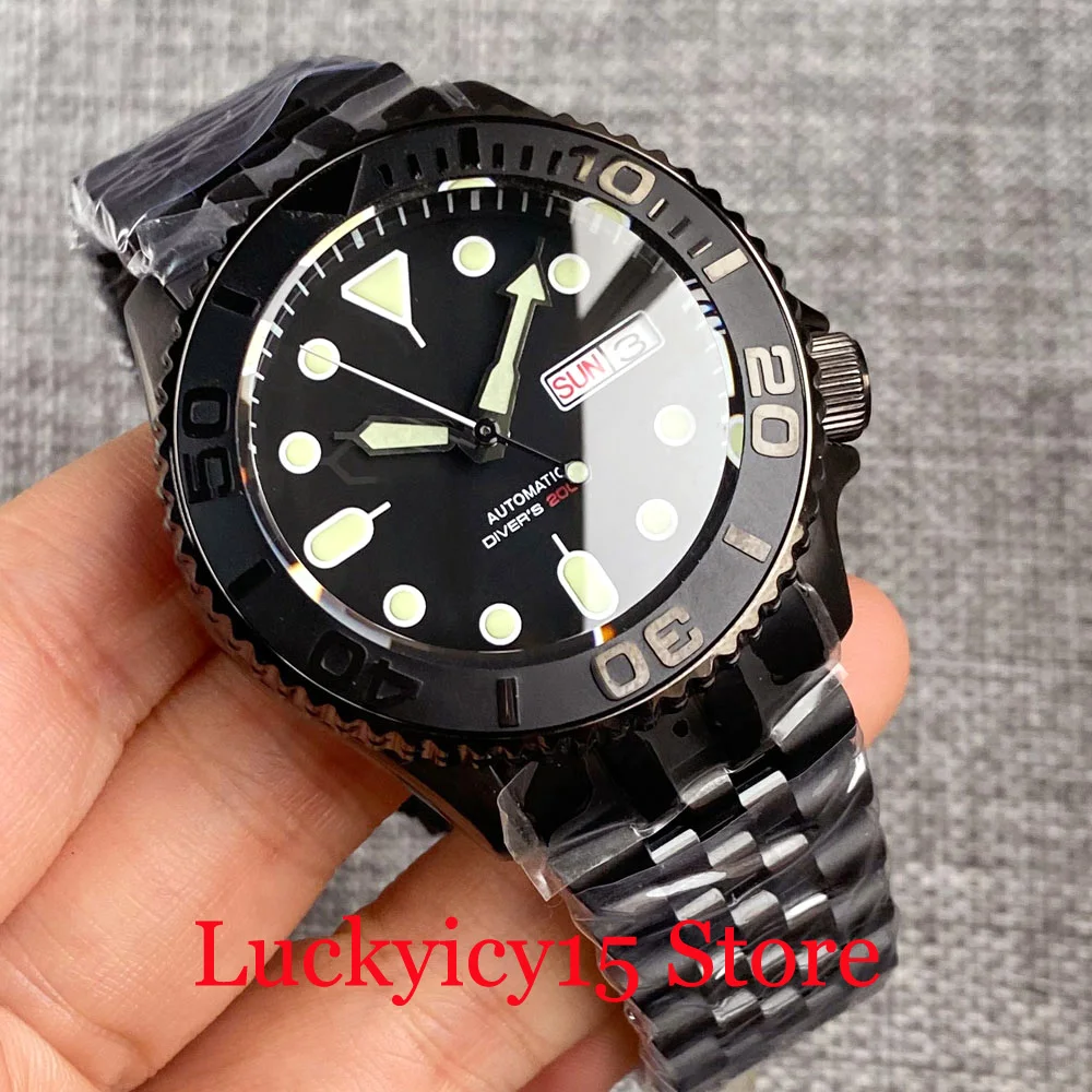 20Atm Waterproof Diver Tandorio 41Mm Skx Black Pvd Watch Black Automatic Nh36 Men Watch Weekend Date Display Dome Vetro Zaffiro