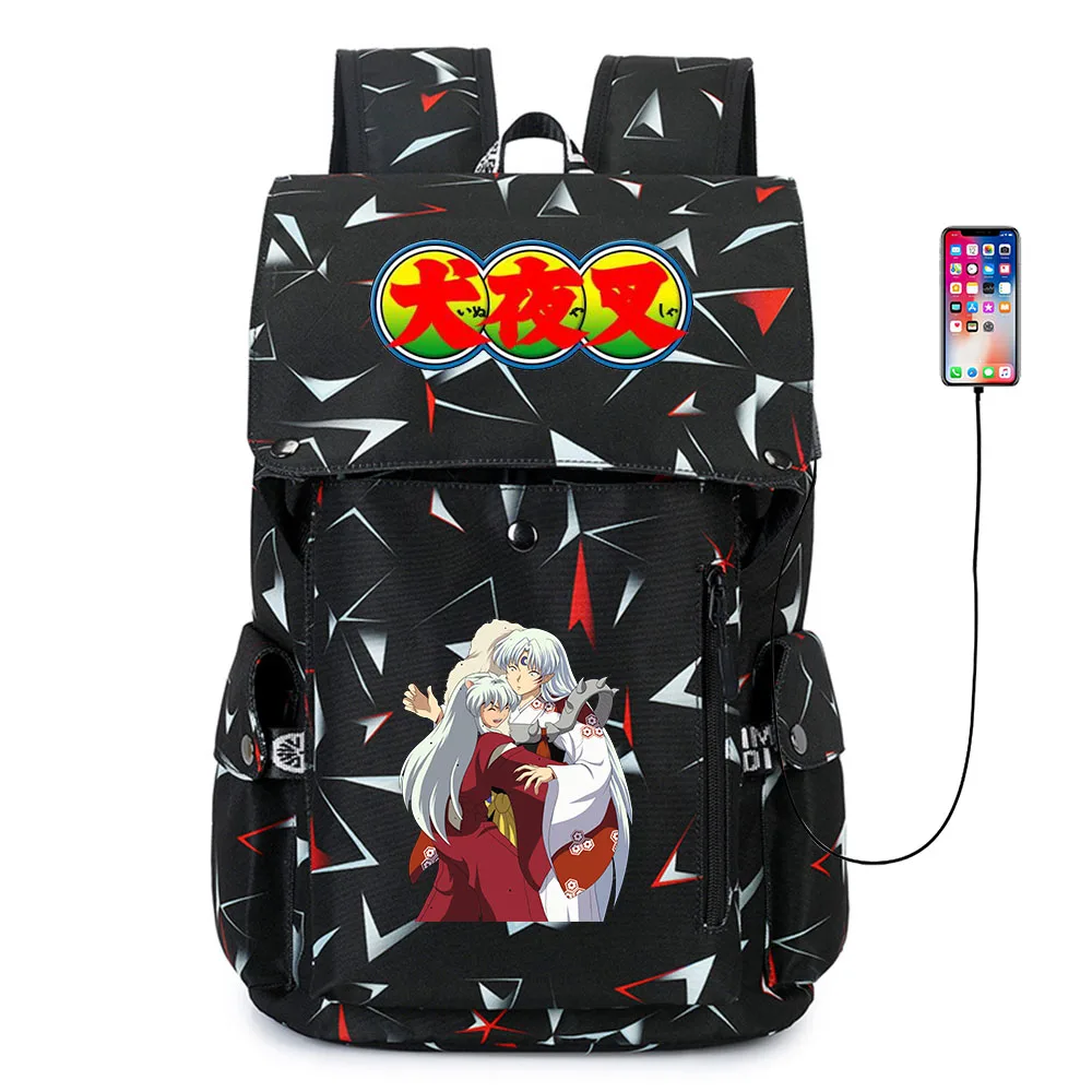 Anime Inuyasha Usb Backpack Cartoon Oxford Teenger Reflective Stripe Zipper Student Casual Bookbag Knapsack Schoolbag Bag