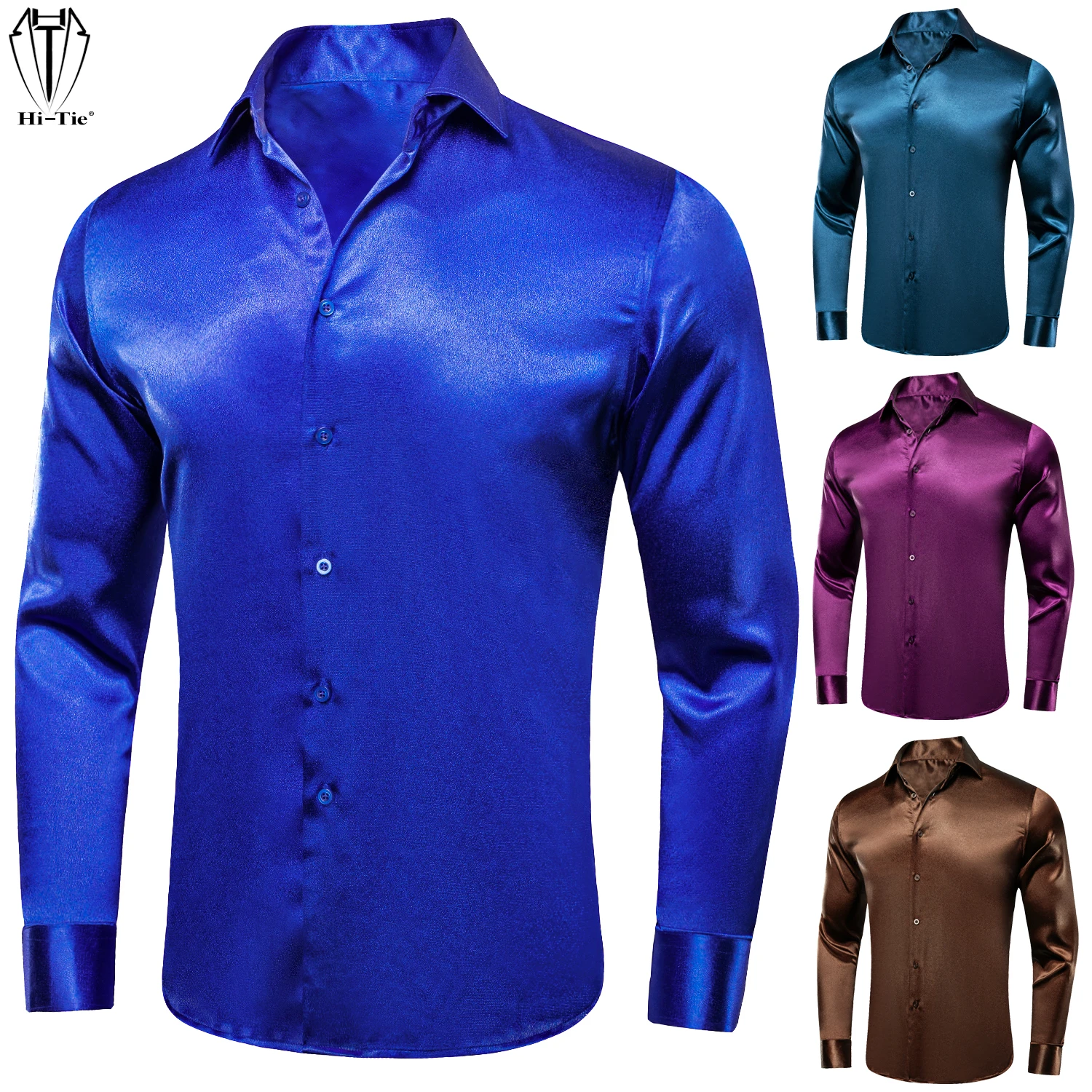 Camicie Eleganti Da Uomo In Raso Camicia Da Lavoro In Seta A Maniche Lunghe Colore Puro Royal Chocolate Brown Teal Mint Bianco Nero Viola