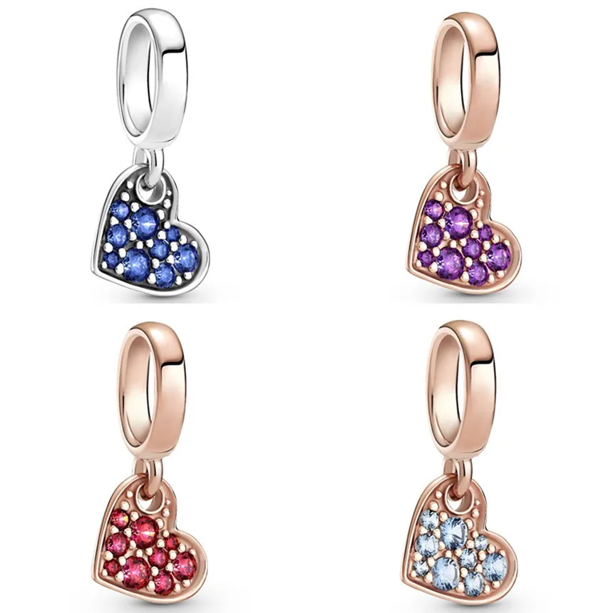Colori Originali Royal Purple Pave Cuore Inclinato Ciondola Perline Charm Fit Pandora Women 925 Sterling Silver Bracciale Bangle Jewelry