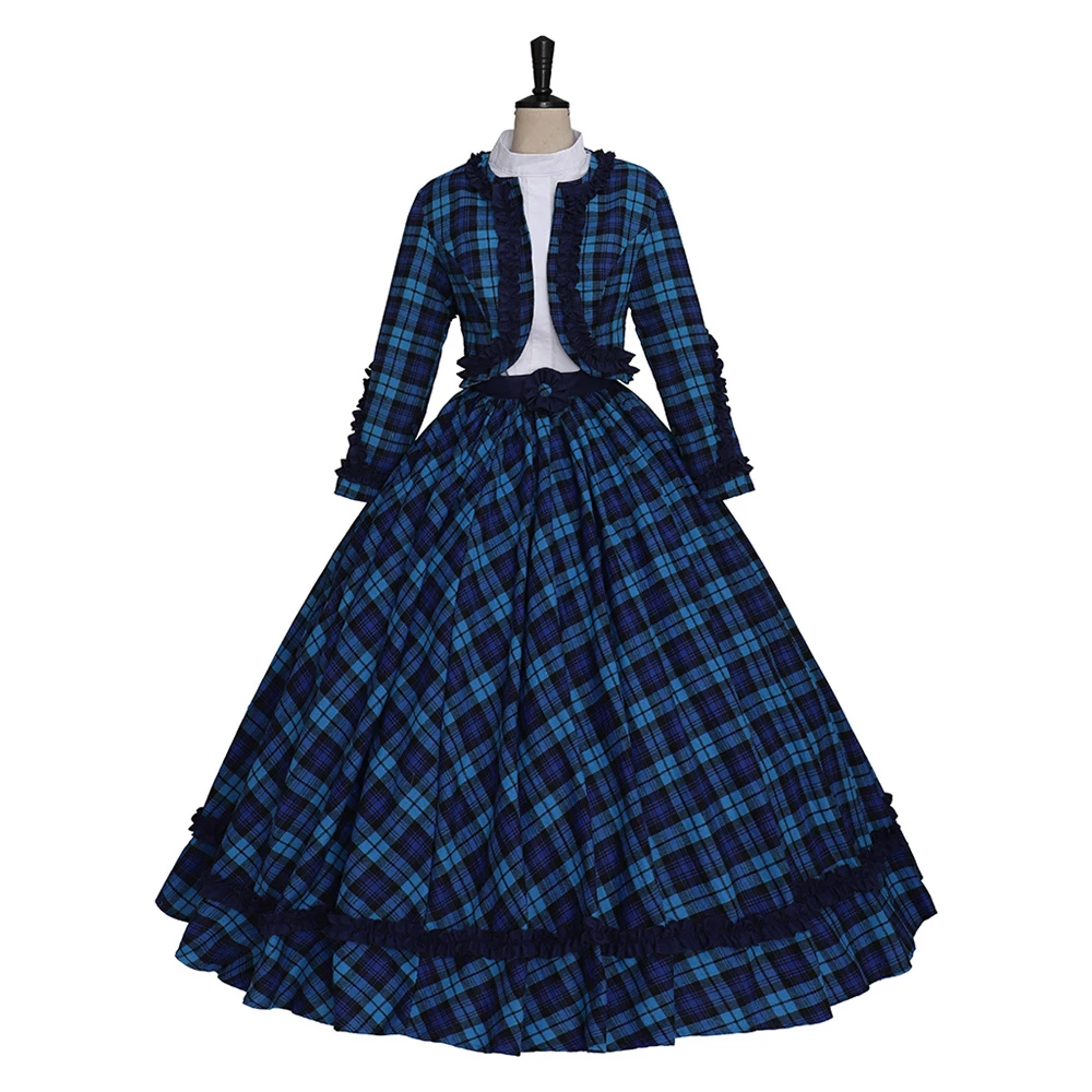 Abito Scozzese Blu Rococò Vittoriano Da Donna Medievale Guerra Civile Era Ball Gown Christmas Caroler Costume Holiday Prom Gonna Suits