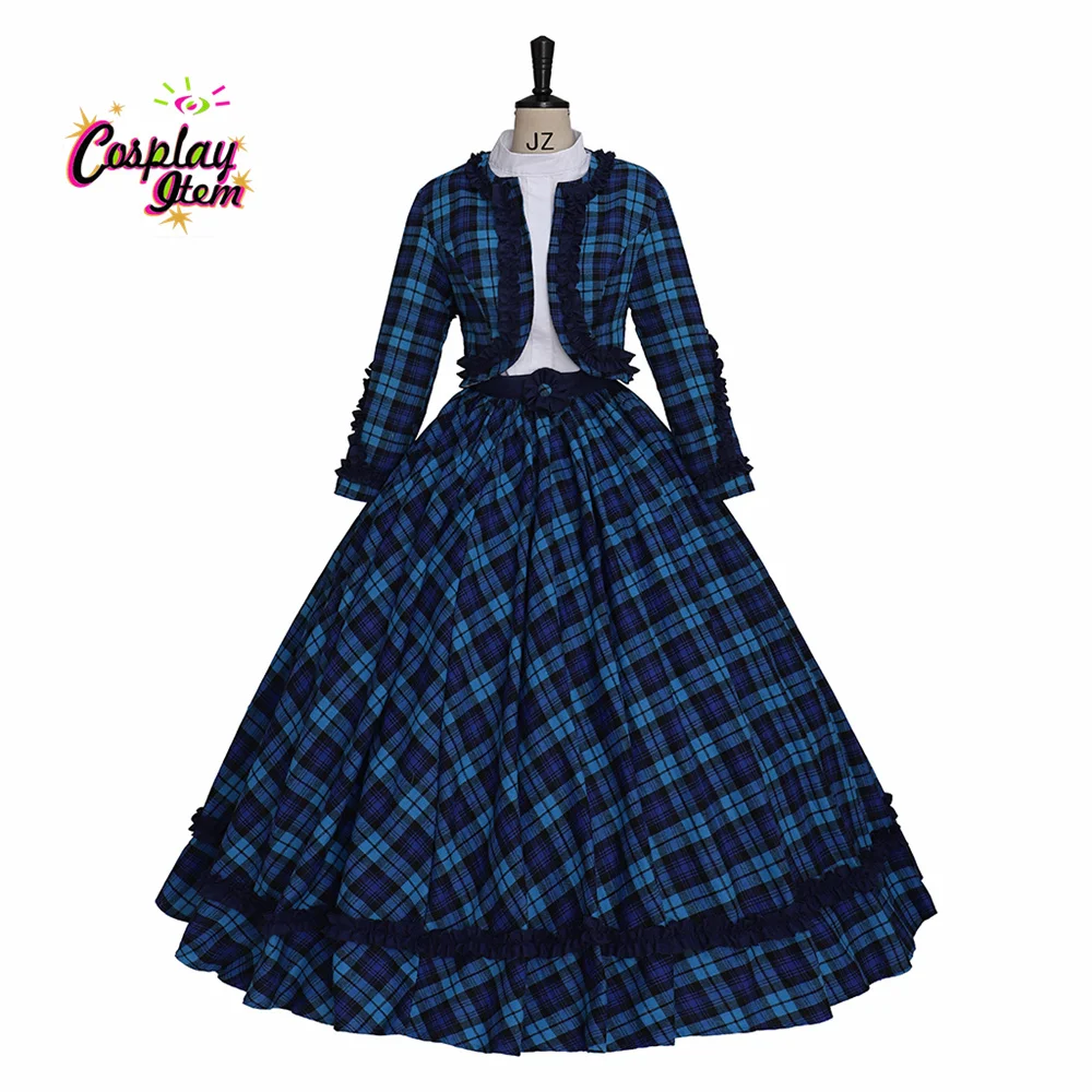 Victorian Dickens Fair Dress Christmas Caroler Costume Blue Plaid South Belle Costume Dress Women Civil War Era Ball Gown