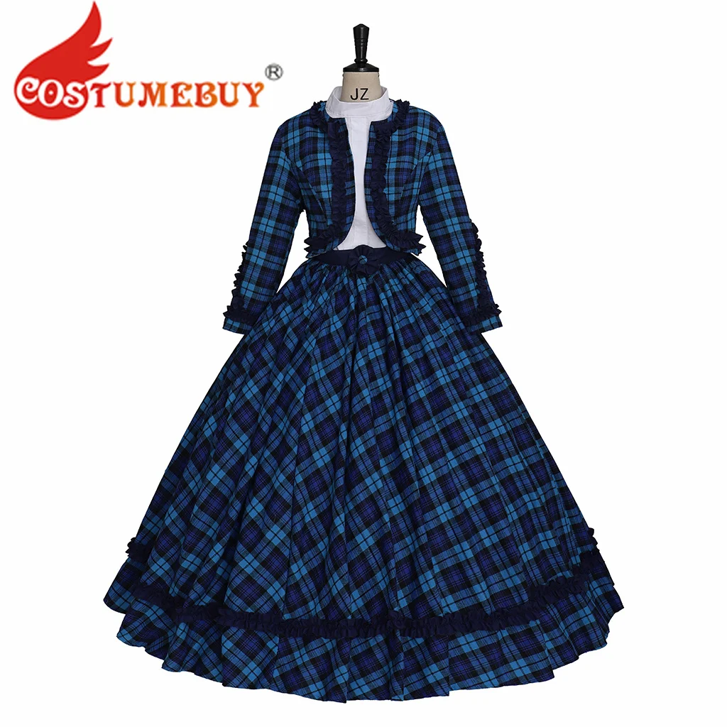Vittoriano Civil War South Belle Ball Gown 1860S Blue Plaid Dress Abito Vintage Da Donna Dickens Christmas Caroler Costume