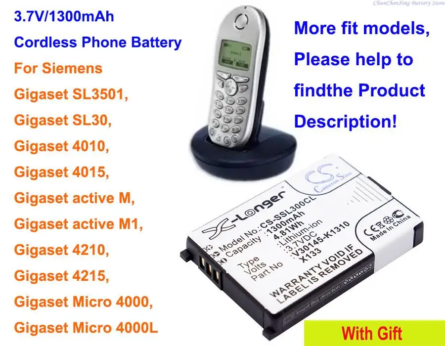 Batteria Cameron Sino 1300Ma Per Siemens Gigaset Sl3501,Sl30, 4010, 4015, 4210, 4215, M1, 4000L, 4000, 4000S, 4010, 4010,S 4015S
