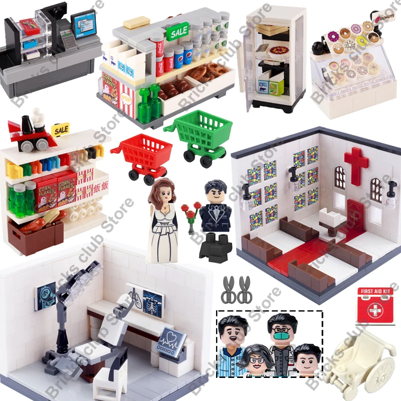 Moc Hospital Wedding Church Bricks Toys Doctor Nurse Groom Bride Figures Building Blocks Dessert Drinks Bread Cart Particelle
