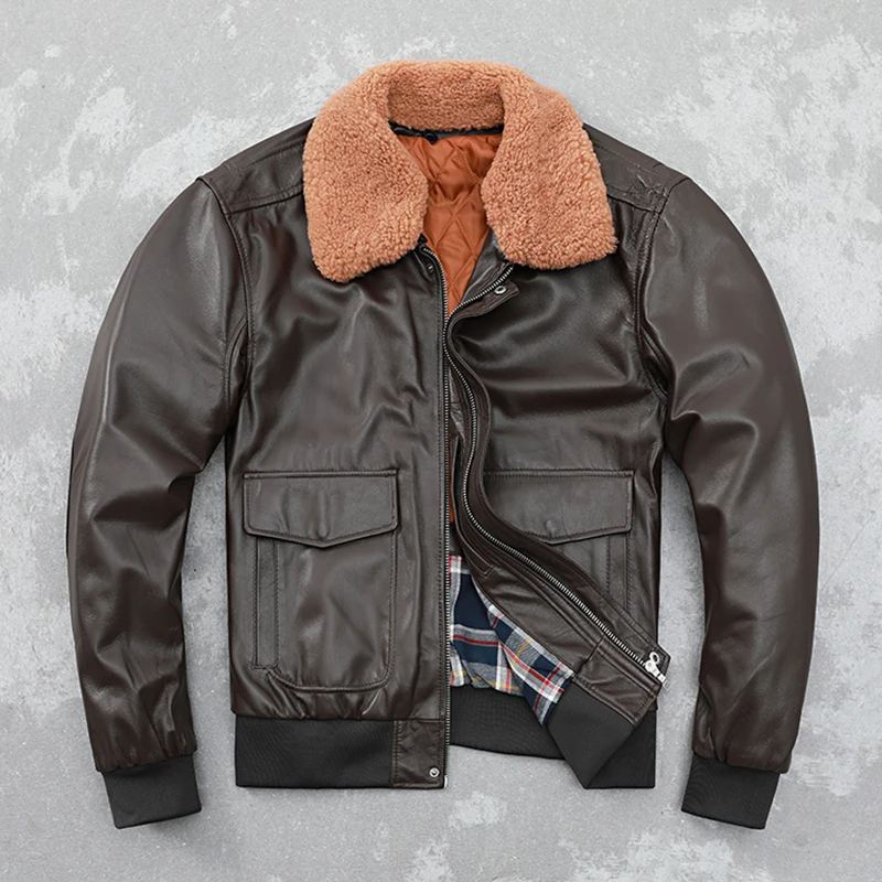 Abbigliamento In Vera Pelle Pelle Di Pecora Da Uomo Marrone Scuro Air Force Flight Suit Versione Europea Plus Size Giacca Di Cotone Cappotto Largo