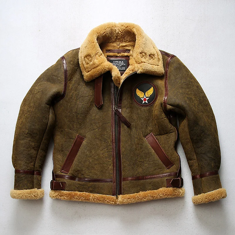 B3 Fur One Flight Suit Risvolto Uomo Inverno Shearling Shearling Pelle Di Pecora Collo Caldo Per Capelli Vintage Invecchiato Air Force Cappotto In Ver