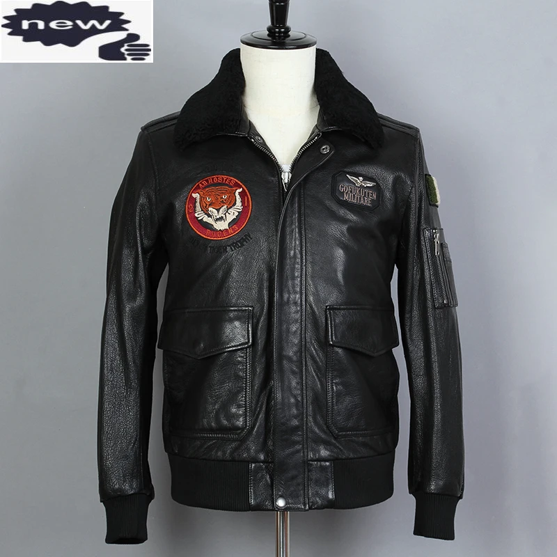 2021 Vera Pelle Da Uomo Collo Di Pelliccia Air Force Flight G1 Cowskin Slim Fit Bomber Giacca Corta Da Moto
