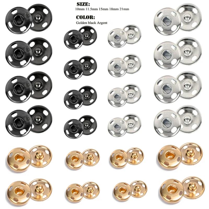 10-50 Set Bottoni A Pressione Da Cucire Bottoni A Pressione In Metallo Bottoni A Pressione Per Cucire, 10Mm E 21Mm, Argento Nero E Dorato