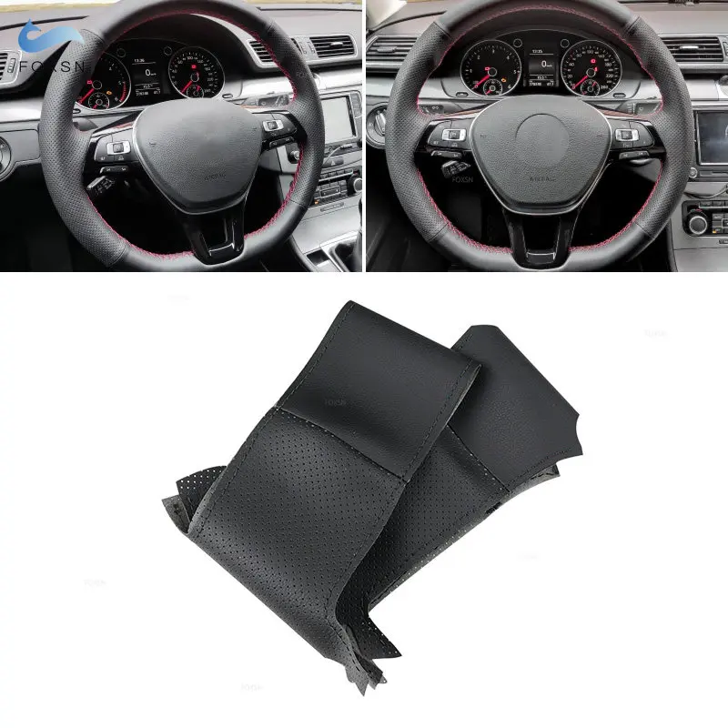 Black Perforated Leather Cover For Vw Golf 7 Mk7 Jetta Passat B8 New Polo Tiguan Sharan Hand Sewing Steering Wheel Cover Trim