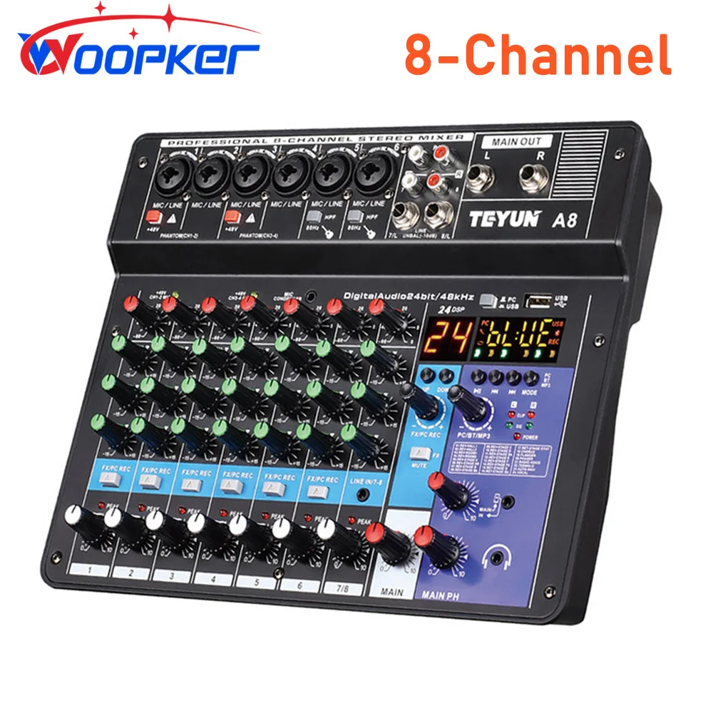 Woopker A8 Mixer Audio Console Di Missaggio Audio A 8 Canali Supporto Bluetooth Usb 48V Power Per Karaoke Party Recording Webcasting