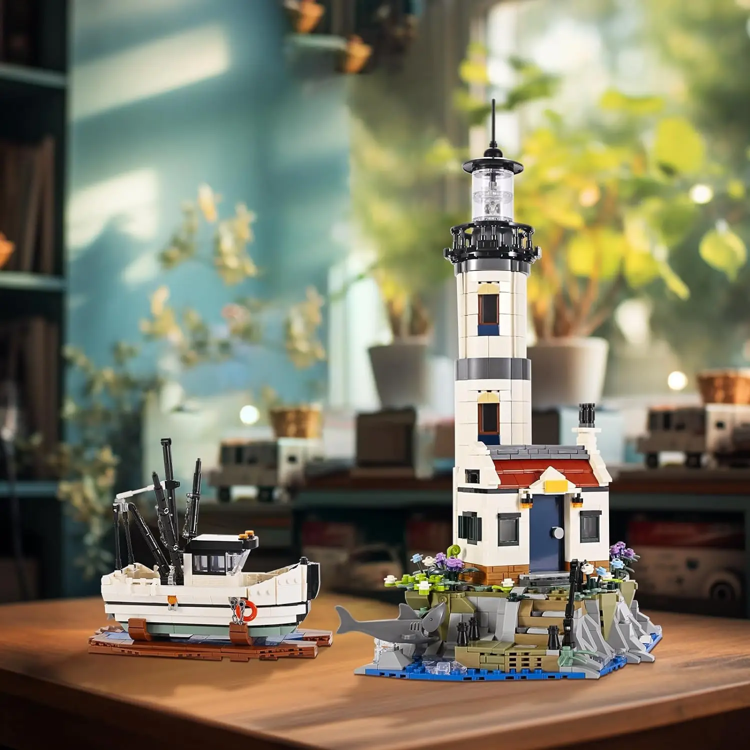 1677Pcs Faro Elettrico Building Blocks Fisherman Rescue Boats Faro Modello Mattoni Con Luce Giocattoli Per Bambini Regali Di Natale