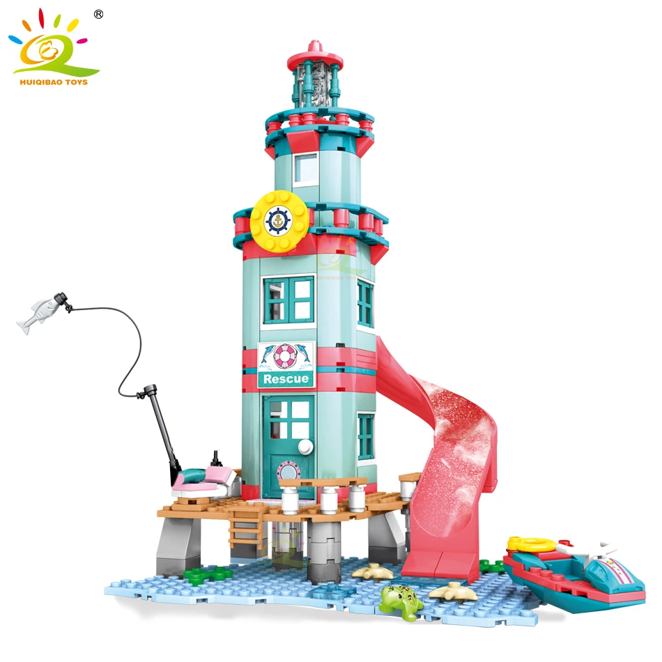 Huiqibao 282Pcs Friends Seaside Lighthouse Rescue Center Building Blocks For Girl Figures City Beach House Bricks Giocattolo Per Bambini