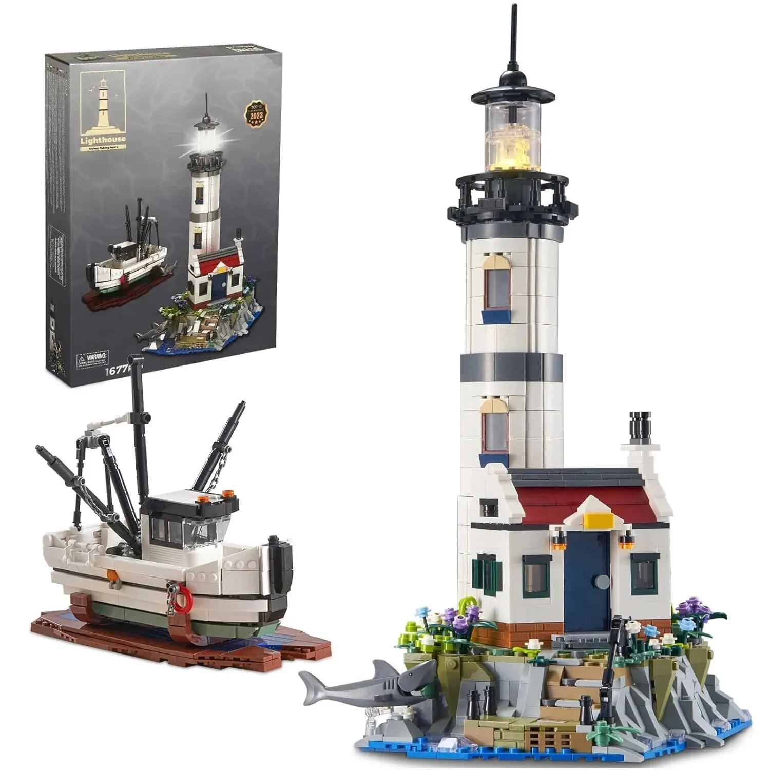 1677Pcs Faro Elettrico Building Blocks Fisherman Rescue Boat Lighthouse Model Bricks Kit Con Luci Giocattoli Fai Da Te Regali Per Bambini