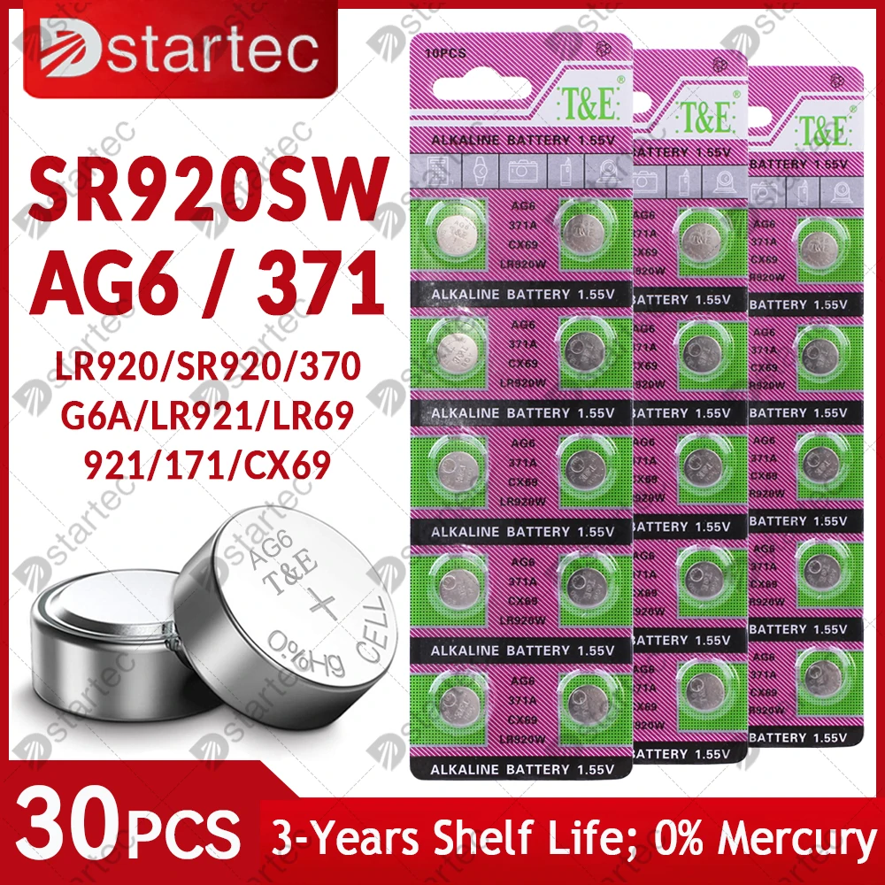 Dstartec 30Pcs Ag6 Batteria A Bottone Lr920 371A Cell Coin Giocattoli Alcalini Guarda La Batteria 1.55V Sr920 L921 Lr69 171 370 371; Senza Mercurio
