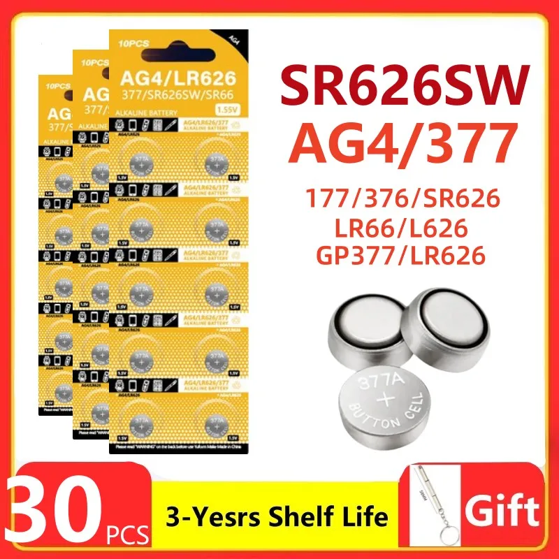 30Pcs Ag4 Coin Battery Lr626 377 Bottone Cell Coin Batteria Alcalina 1.55V Sr626Sw 377A Lr66 Per Orologi Giocattoli No Mercury