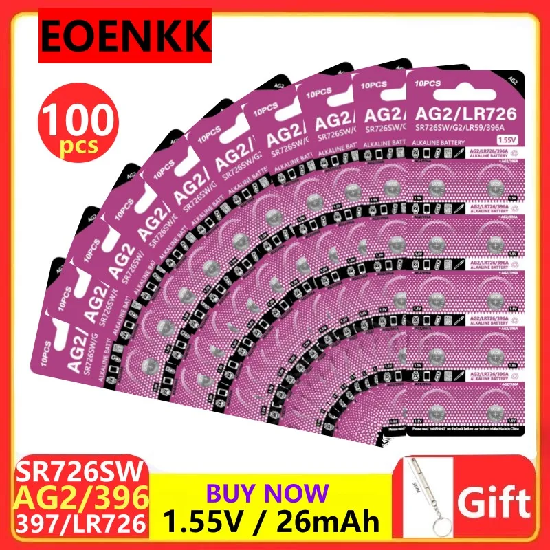 100 Pz Ag2 Nuova Batteria A Moneta Lr726 396 Batteria Alcalina A Bottone 1.55V Sr726Sw 396A Lr726 397 Per Orologi Giocattoli No Mercury