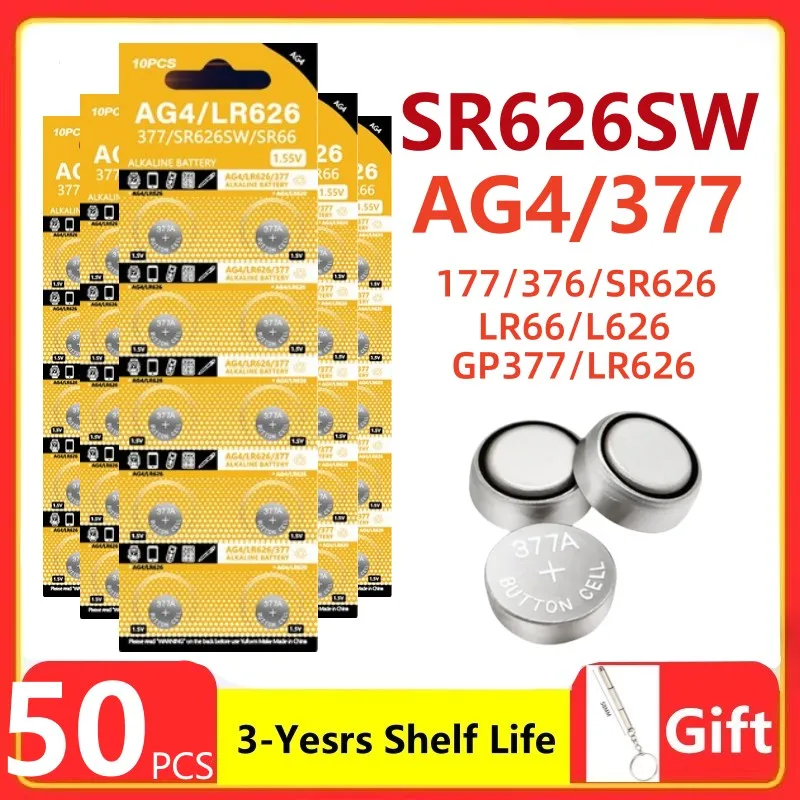 50Pcs Ag4 Coin Battery Lr626 377 Bottone Cell Coin Batteria Alcalina 1.55V Sr626Sw 377A Lr66 Per Orologi Giocattoli No Mercury