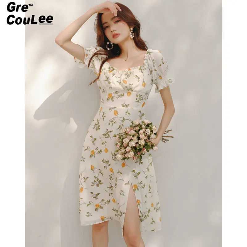 Dodc Square Neck Dress Women'S 2022 Summer Retro Floral Split Show Gonna Sottile Con Maniche A Bolle Tea Break