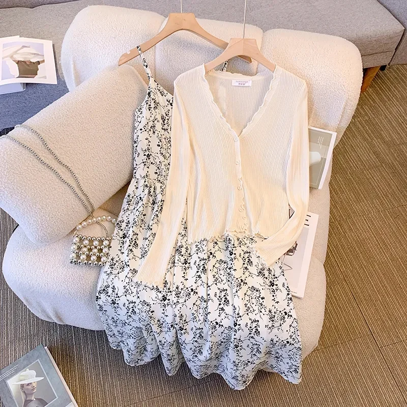 2024 New Senior Sense Of Salt Department Set Francese Retro Floral Dress Protezione Solare Cardigan Tea Break Small Fresh Women'S Wear