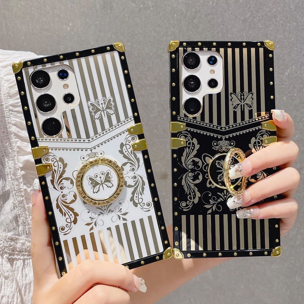 Luxury Glitter Gold Stripe Square Phone Cover Flower Butterfly Case Per Oppo Realme C55 C30 C33 C35 C25 C21Y C15 C11 F21 C20 C53