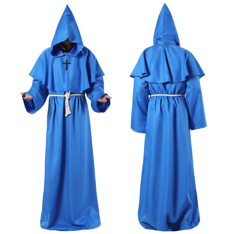 Halloween Blu Medievale Frate Robe Monaco Robe Magic Wizard Robe Cosplay Sacerdote Cosplay Robe Uomo Abito Lungo Scialle