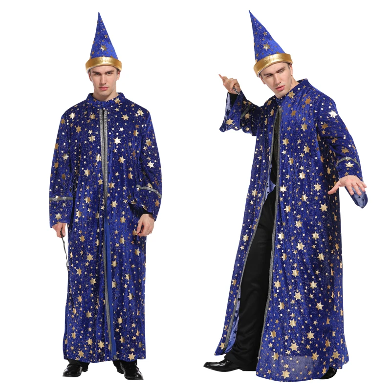 Halloween Magician Men Blue Robe And Hat Star Moon Magic Wizard Costume Cosplay Abbigliamento Per Adulti