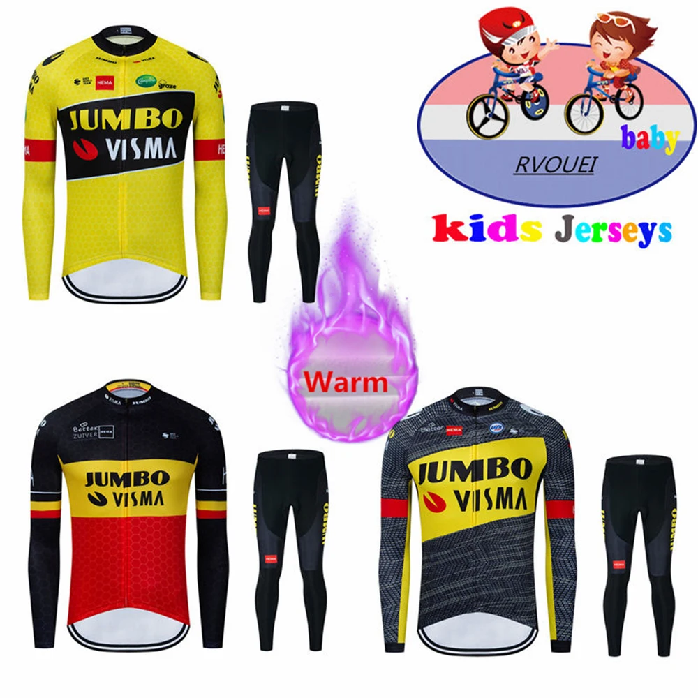 Jumbo Visma Team Winter Thermal Fleece Abbigliamento Da Ciclismo Bambini Manica Lunga Jersey Suit Outdoor Riding Bike Mtb Abbigliamento Pantaloni Set