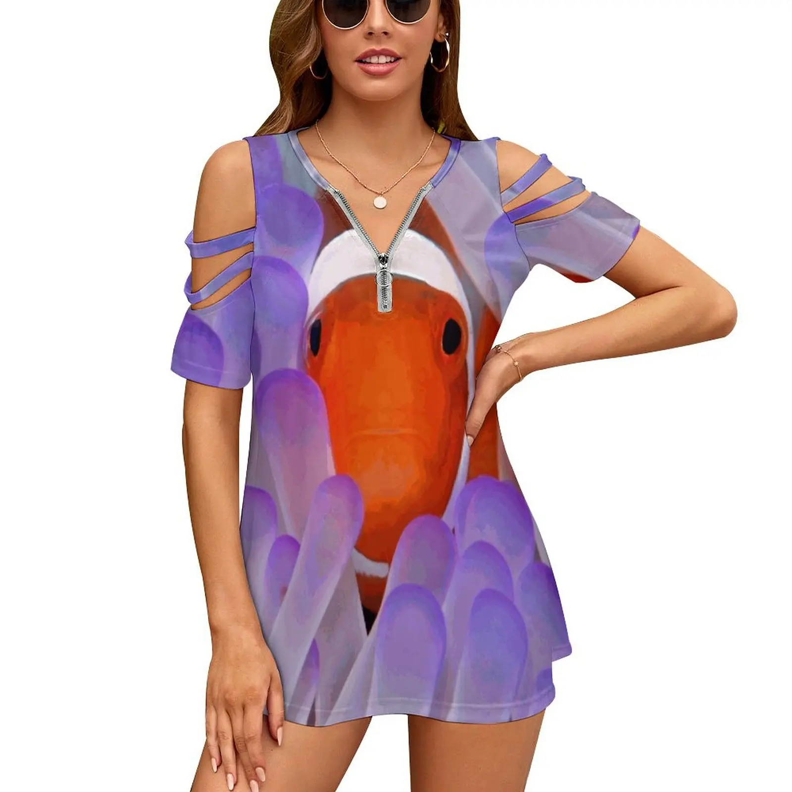 Hideaway Women Zipper Sexy Printed Vintage T-Shirt Top Full Print T-Shirt Nemo Anemone Fish Borneo Underwater Wildlife