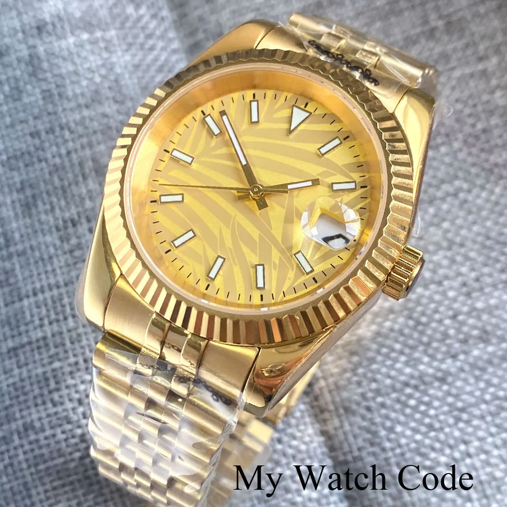 36 39Mm Golden Palm Leaf Date-Just Nh35A Orologio Meccanico Per Uomo Lunetta Fissa Scanalata Sapphire Cyclop Luxury Sport Clock Dj Hand