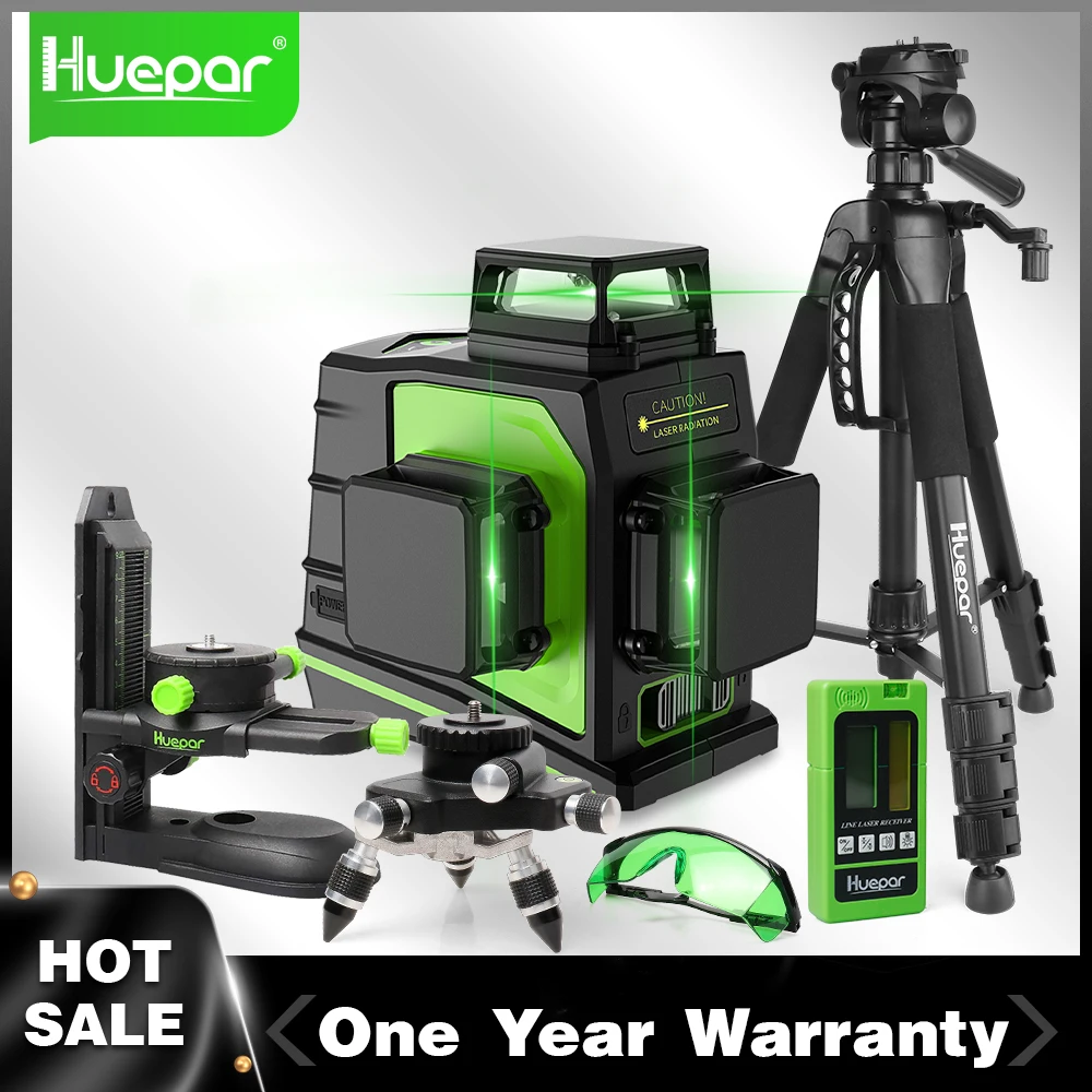 Huepar 12 Linee 3D Cross Line Laser Level Kit Osram Autolivellante Green Beam 360 ° Verticale Orizzontale Con Ricevitore Laser Treppiede
