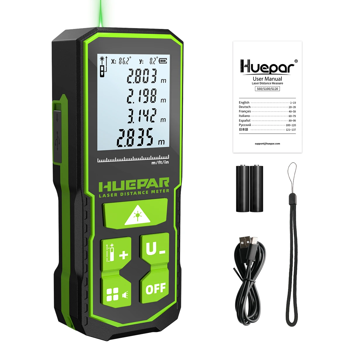 Huepar Telemetro Laser Misuratore Di Distanza Laser Digitale Misura 60M 100M 120M Trena Laser Tape Range Finder Green Beem