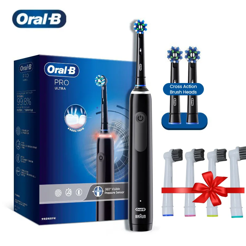 Oral B Pro 4 Spazzolino Ultra Elettrico Deep Clean 3D Rotary Adult Tooth Brush Sensore Di Pressione Con 4 Testine Di Ricambio Regalo Gratis