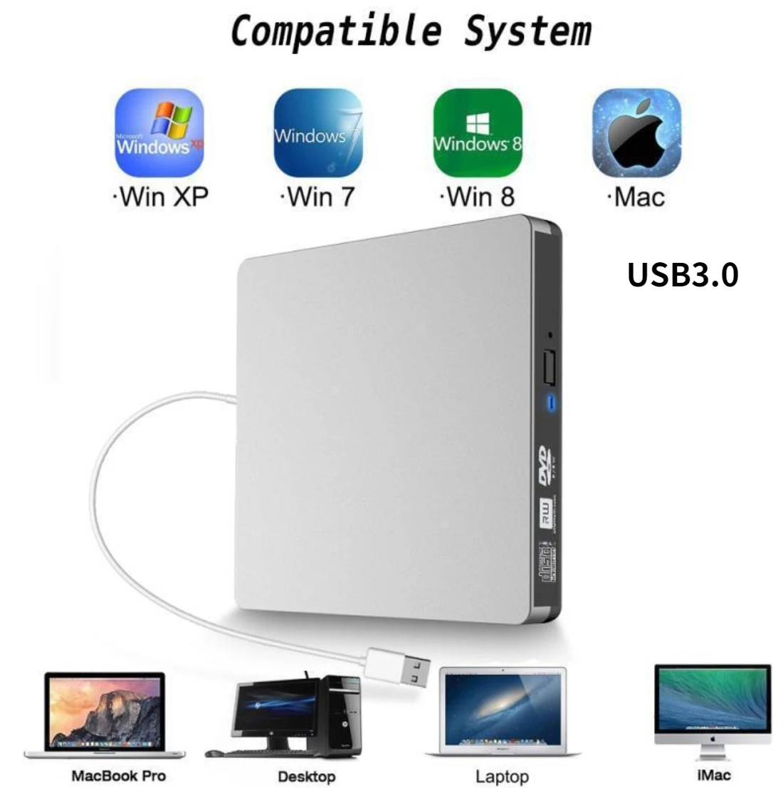 Usb3.0 Unità Ottica Esterna Cd-Rw Dvd +-Rw Scrittore Dvd-Ram Lettore Cd Masterizzatore Dvd Compatibile