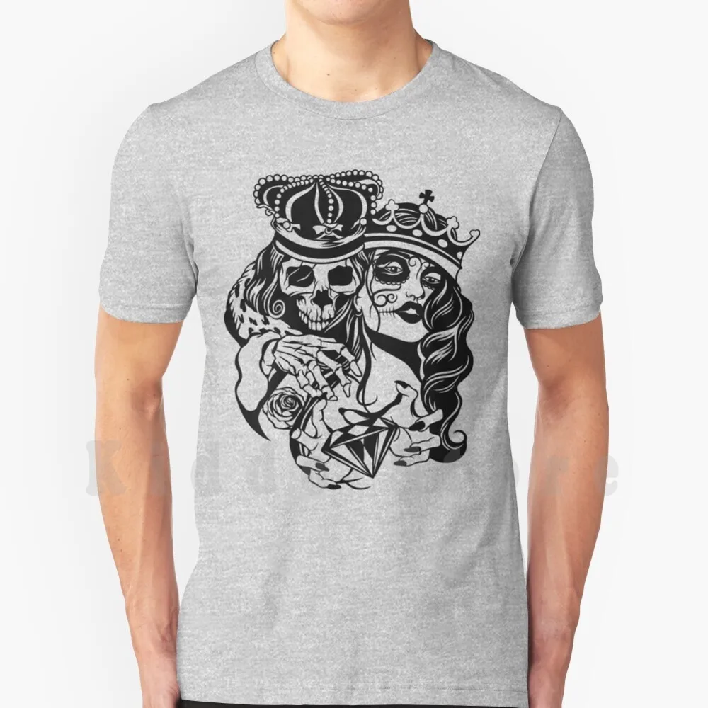 Skull King Queen T Shirt Fai Da Te Big Size 100% Cotone Scheletro Umano Scheletro Coppia Amore Morte Tarocchi Anime Scure Scheletro Coppia