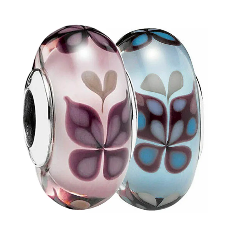 Real Pink Butterfly Kisses Lampwork Murano Glass Charm 925 Sterling Silver Original Bead Fit Fashion Bracciale Bangle Gioielli Fai Da Te