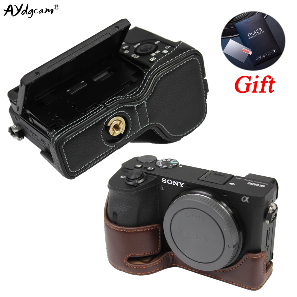 Del Cuoio Genuino Di Cassa Della Macchina Fotografica Di Protezione A6600 Metà Del Corpo Della Copertura Di Base Per Sony A6600 Alpha 6600 Ilce-6600